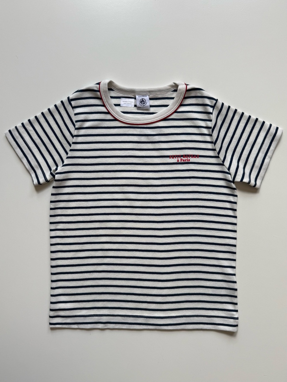 Petit Bateau Kids Unisex Navy & White Striped T-Shirt with Red Logo - Size 6Y